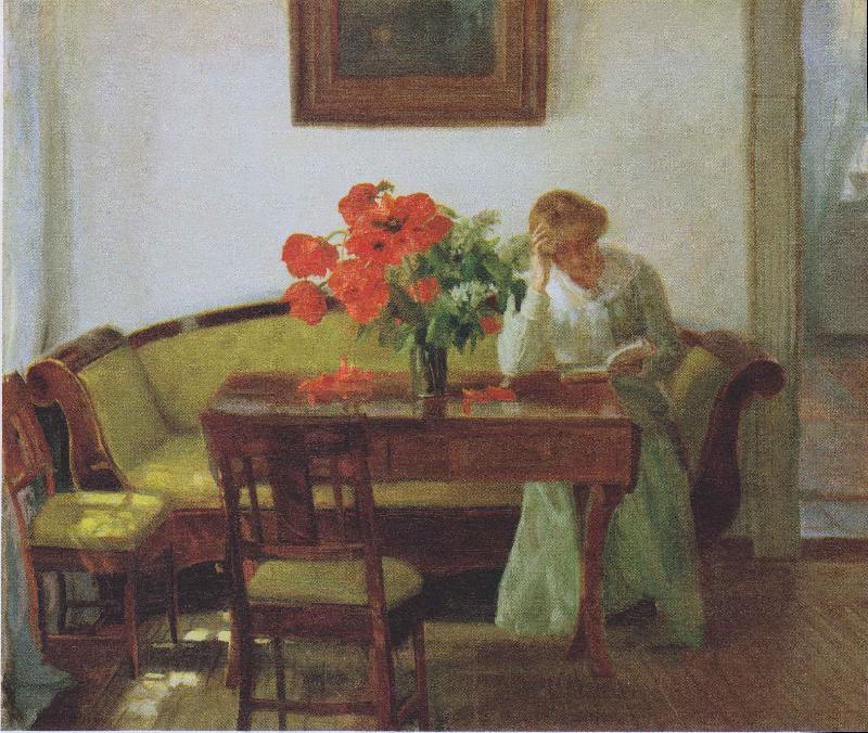 Anna Ancher Interior with poppies and reading woman